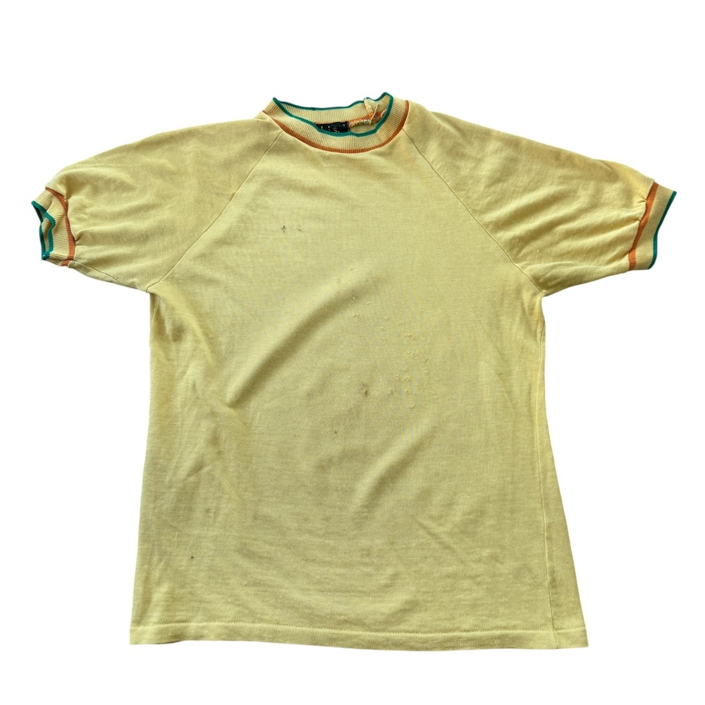 h.i.s. Vintage 70s Ringer T-Shirt Distressed Raglan Acetate Cotton Small Yellow